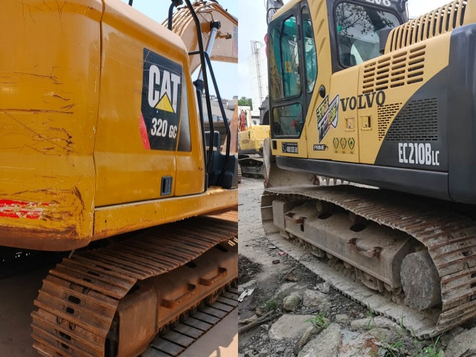 Caterpillar and Volvo excavators working side by side on a construction site
