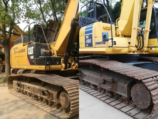 Caterpillar and Komatsu excavators on site for price comparison article