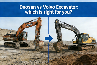 Doosan and Volvo excavators working side by side on construction site