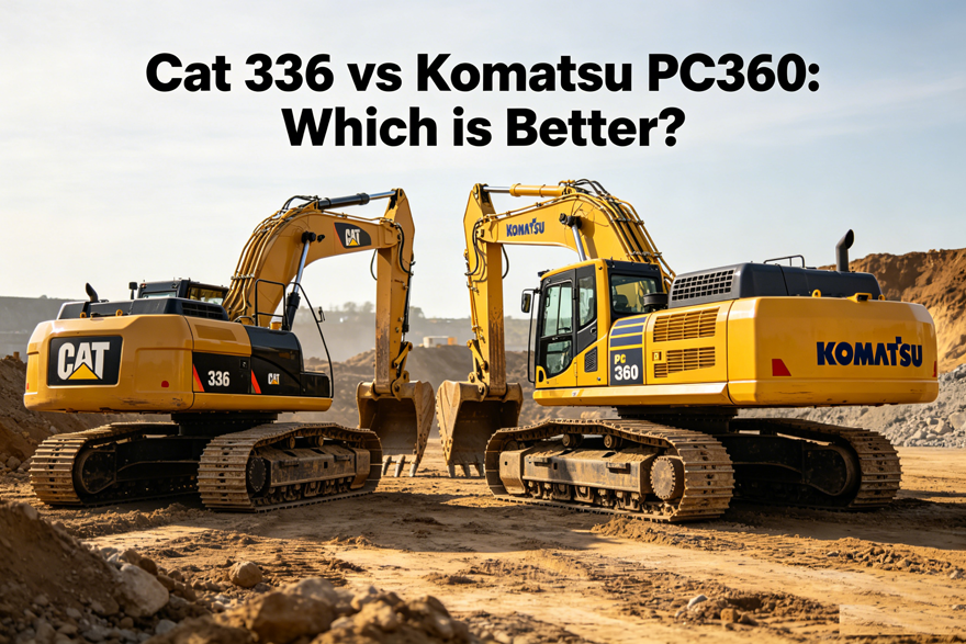 Caterpillar 336 and Komatsu PC360 excavators working side by side on a construction site