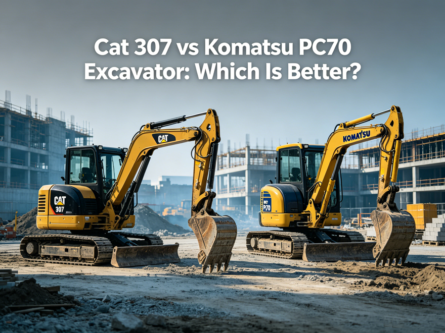 Cat 307 vs Komatsu PC70 mini excavator side-by-side comparison on a construction site.