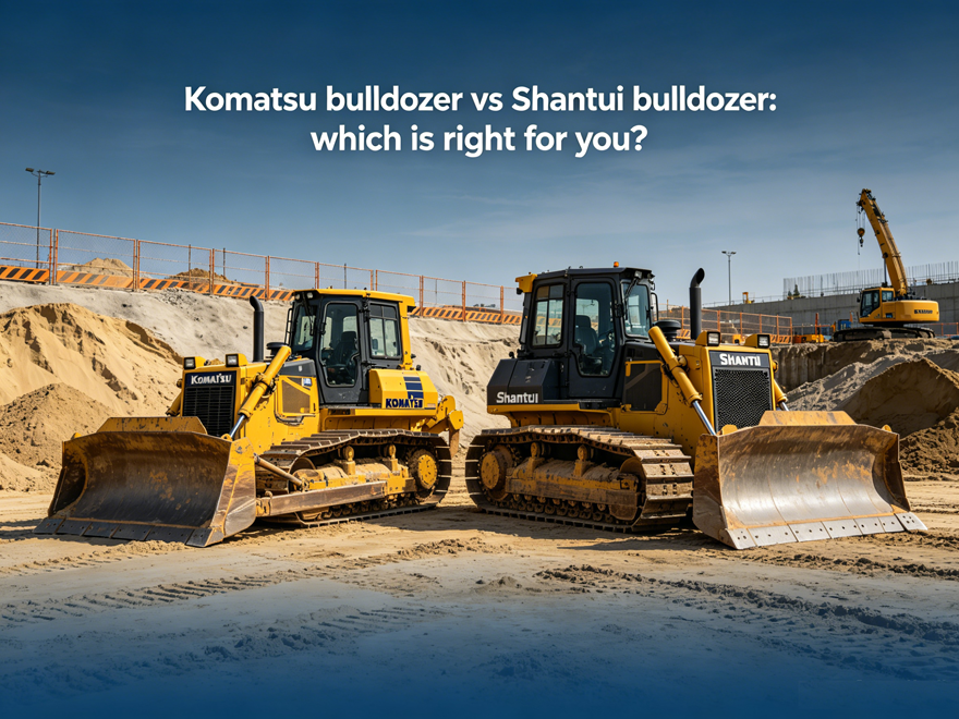 Komatsu and Shantui bulldozers working on a large construction site during earthmoving operations