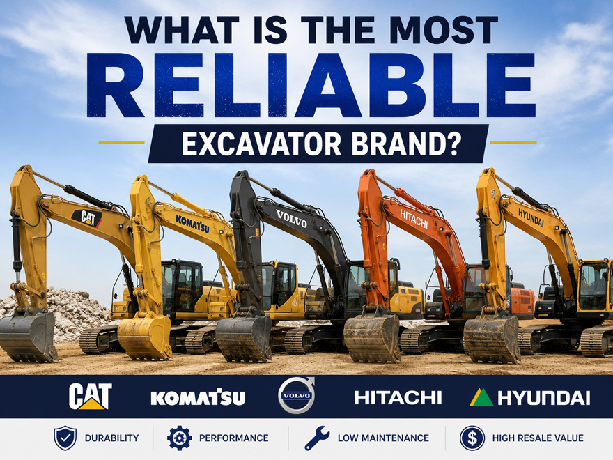 Most Reliable Excavator Brand comparison featuring Caterpillar, Komatsu, Hitachi, Volvo, Hyundai, and Doosan excavators